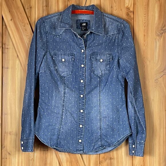 H&M Denim Snap Front Tiny Polka Dot Western Style Shirt size 4 - Picture 4 of 5